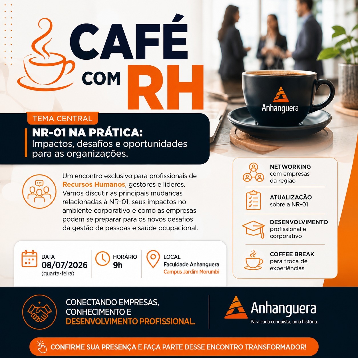 Faculdade Anhanguera promove encontro gratuito sobre a NR-01 para profissionais de RH em São José dos Campos